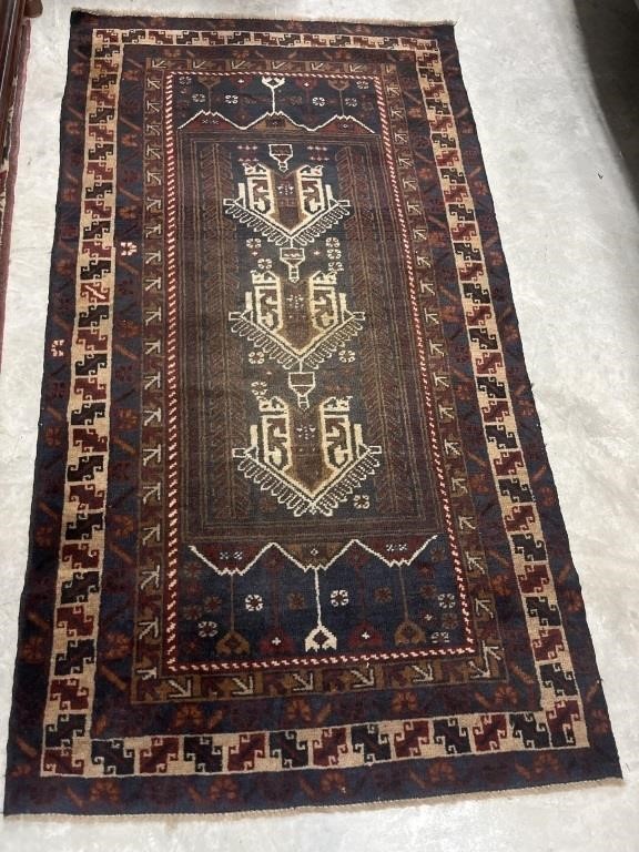 75x41 hand stitched Persian rug brown blue red