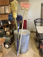 Aluminum Trash Can with Lid, Brooms and Duster