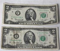 2 pcs 1976 USD $2 Centennial Banknotes