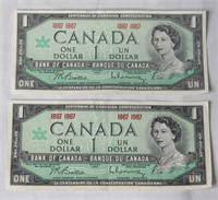 2 pcs 1967 CAD $1 Centennial Banknotes