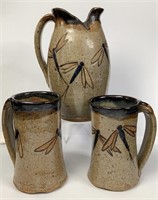Handmade Ceramic Pitcher & Cup Dragonfly Theme