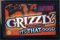 Grizzly Smokeless Tobacco Light Up Sign/Clock