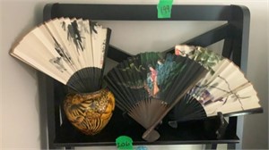3 Oriental Folding Hand Fans and 1 Vase