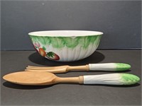 Hand Painted Salad Bowl with Spoon and Forrk