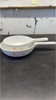 Corning ware peach floral skillets, one waffle
