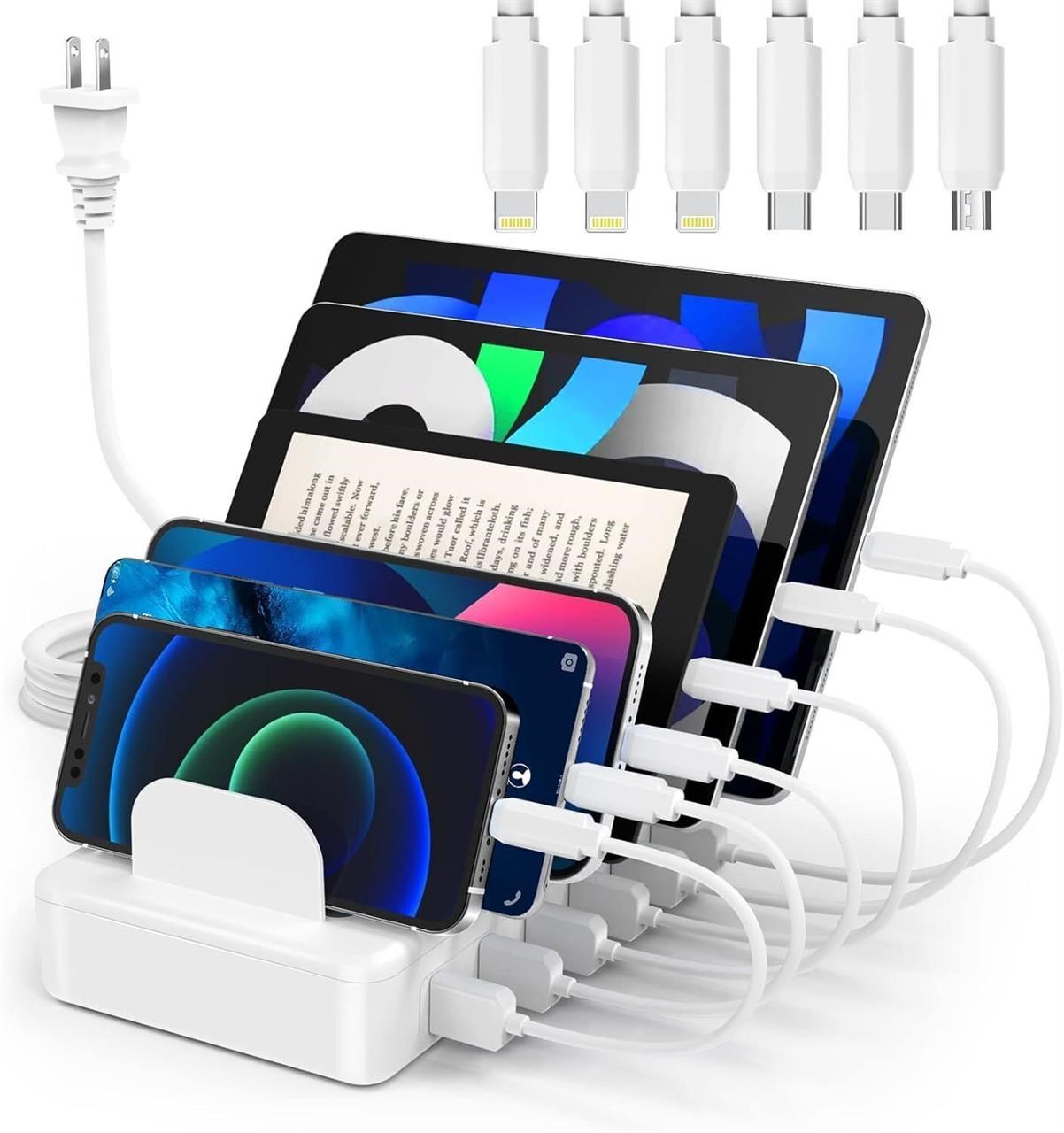 NEW $44 6 USB Port Charging Station w/6 Cables