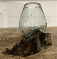 Blown Glass Bowl on Teak Wood-Plant Pot/Betta Bowl
