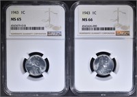 2 - 1943 STEEL CENT NGC MS65 & MS66