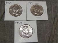 3 Uncirculated 1959 Franklin Half Dollars
