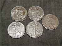 1944-45 (5) Walking Liberty SILVER Half Dollars AU