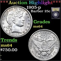 ***Auction Highlight*** 1905-p Barber Quarter 25c