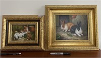 PAIR Oil Paintings Rabbits Bunnies Framed Ornate