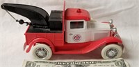 Red Crown Gasoline Tow Truck Bank, with key