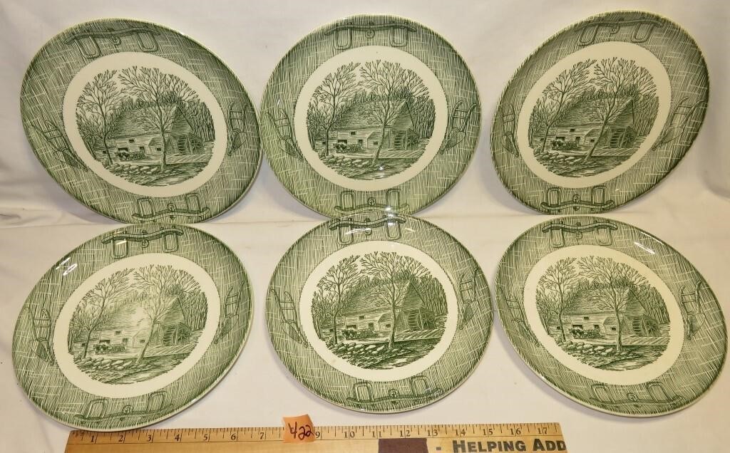 6- Green Transfer-ware Country Saw Mill Plates