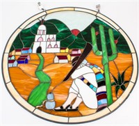 Round Stained Glass Window Hanger Mexican Scene