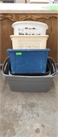 4 storage totes and 2 laundry hampers