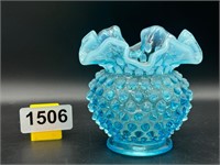 Blue Opalescent Ruffled Hobnail Vase