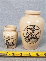 2- Old Stoneware Virol Bone Marrow Jars 3" & 5.5"