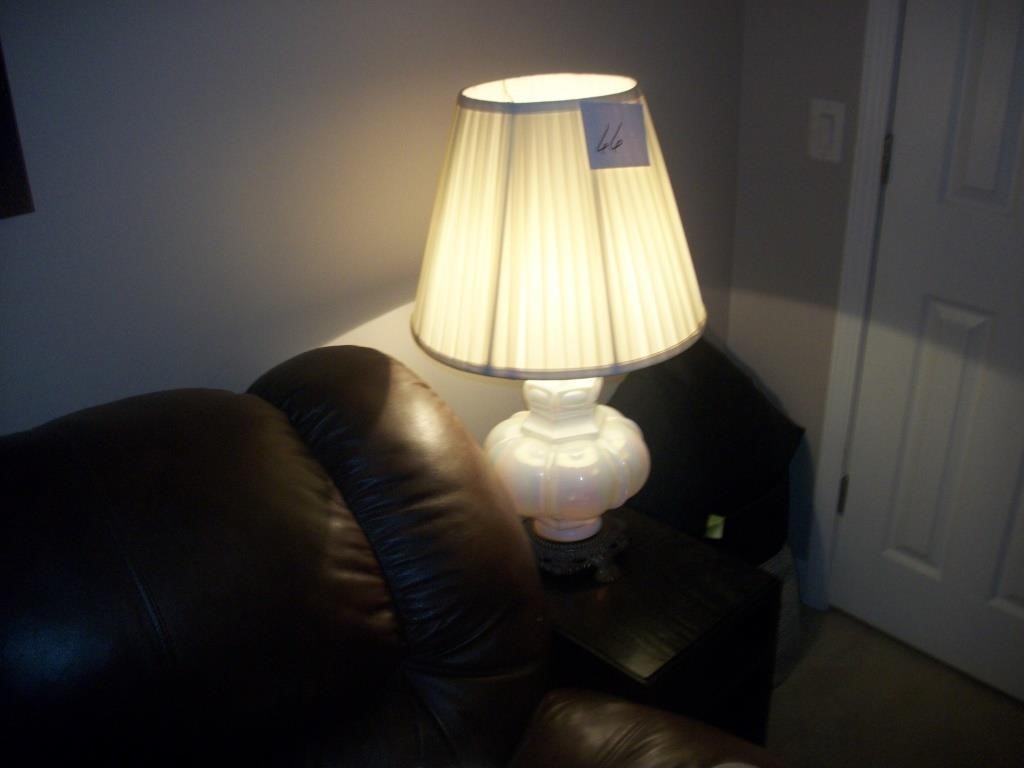 SMALL END TABLE, LAMP, WALL ART