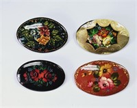 Russian Lacquer Hand Painted Floral Brooches
