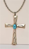 Indian Silver Cross w/Turquoise Beaded Necklace