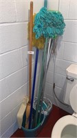 Lot of Mops, Mop Bucket, and Broom