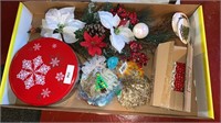 Box of Christmas Items, Tin, Artificial Plant,