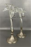 Two Hand Blown Glass Lily Vases & Stands