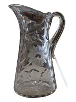 Vintage Cut Glass Tapered Water Pitcher Sunflower