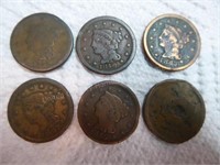6 antique large cents: 1844, 1846, 1847 (2), 1849,