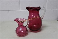 2 Cranberry Pitchers, Large one 16H