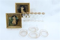 Gold Rim Art Glass Stemware, Glass Trays, Artwork