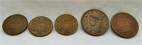 5 Coins, 1838 & 1851 Large Cent & 3 Two Cent Coins