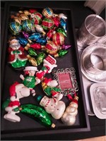 Container of miniature Christmas ornaments: