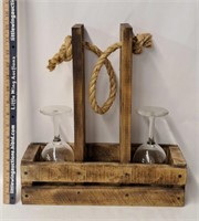 Wood Wine Bottle & Glasses Holder w Rope Handle
