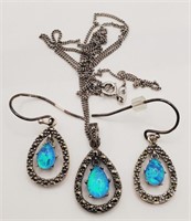 (JL) Sterling Silver Marcasite and Faux Opal
