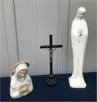2 Ceramic Mary Statues and Crucifix