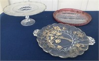 Glass Cake Stand and 2 Serving Dishes