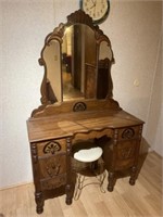 Gorgeous Antique Wooden Vanity with Stool
