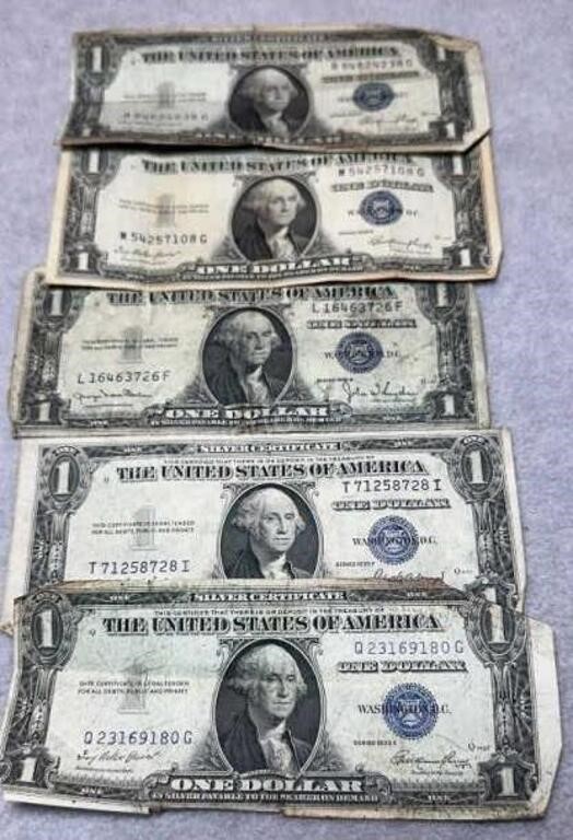 5 $1 Silver Certificates 1935, Worn, Edges Folded