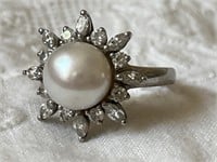 Sterling Silver Ring w/ White Stones & Large