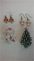 2 Pairs Christmas Earrings & 2 Brooches