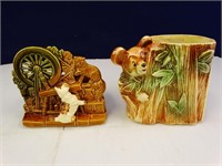 (2) Tan Ceramic / Pottery Storage Decor Pieces