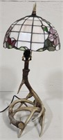 Antler Table Lamp with Tiffany Style Glass Shade
