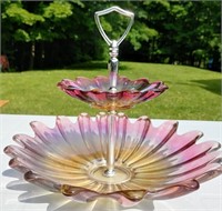 Vintage Two Tier Carnival Glass Candy Bowl 10"