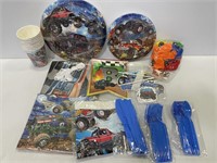2 packs of monster truck themed bday supplies