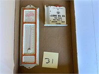 Lions Oil Rain Gauge & Triebold Imp. Thermometer