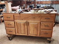 Oak Rolling Shop Cabinet with Assorted Tools