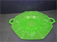 12" Uranium Glass Serving Plate w Handles