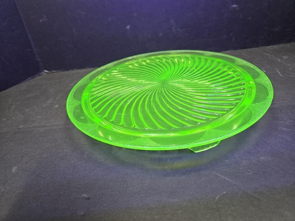 Footed Uranium Glass 10" Cake Plate